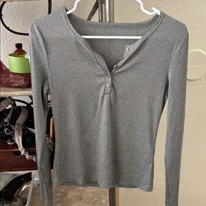 SHEIN Gray Ribbed Long-Sleeve Henley Top